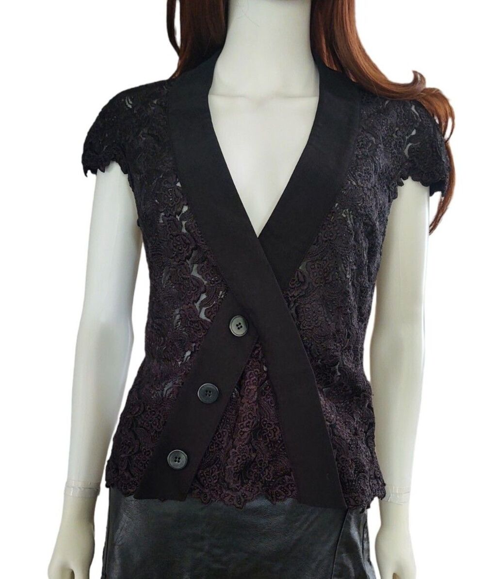BeBe Crochet Lace V-neck Snap Wrap Peplem Cap Sleeve Black Casual Formal Top Med